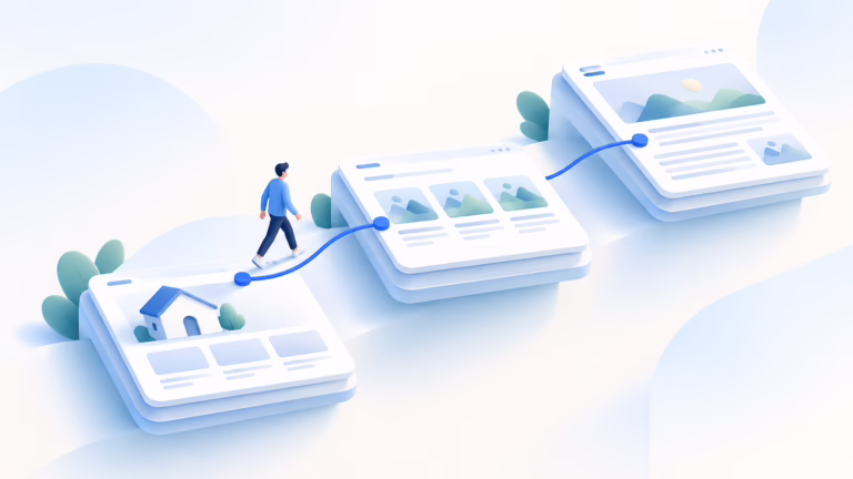 Illustration of a visitor following a blue path through three levels of a website.